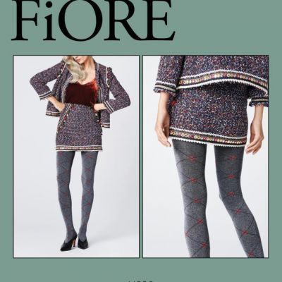 FIORE LIBRO MELANGE W/ RED PATTERN HEAVY WINTER TIGHTS PANTYHOSE 3 SIZES